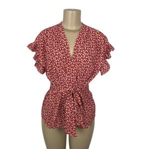 Max Studio Floral Print Ruffle Bow Tie Front Top Shirt Size S Career Office